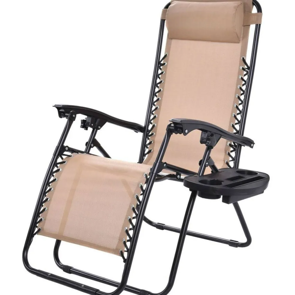 Set of 2 Folding Zero Gravity Recliner Chairs with Cup Holder Tray and Headrest for Patio or Lawn