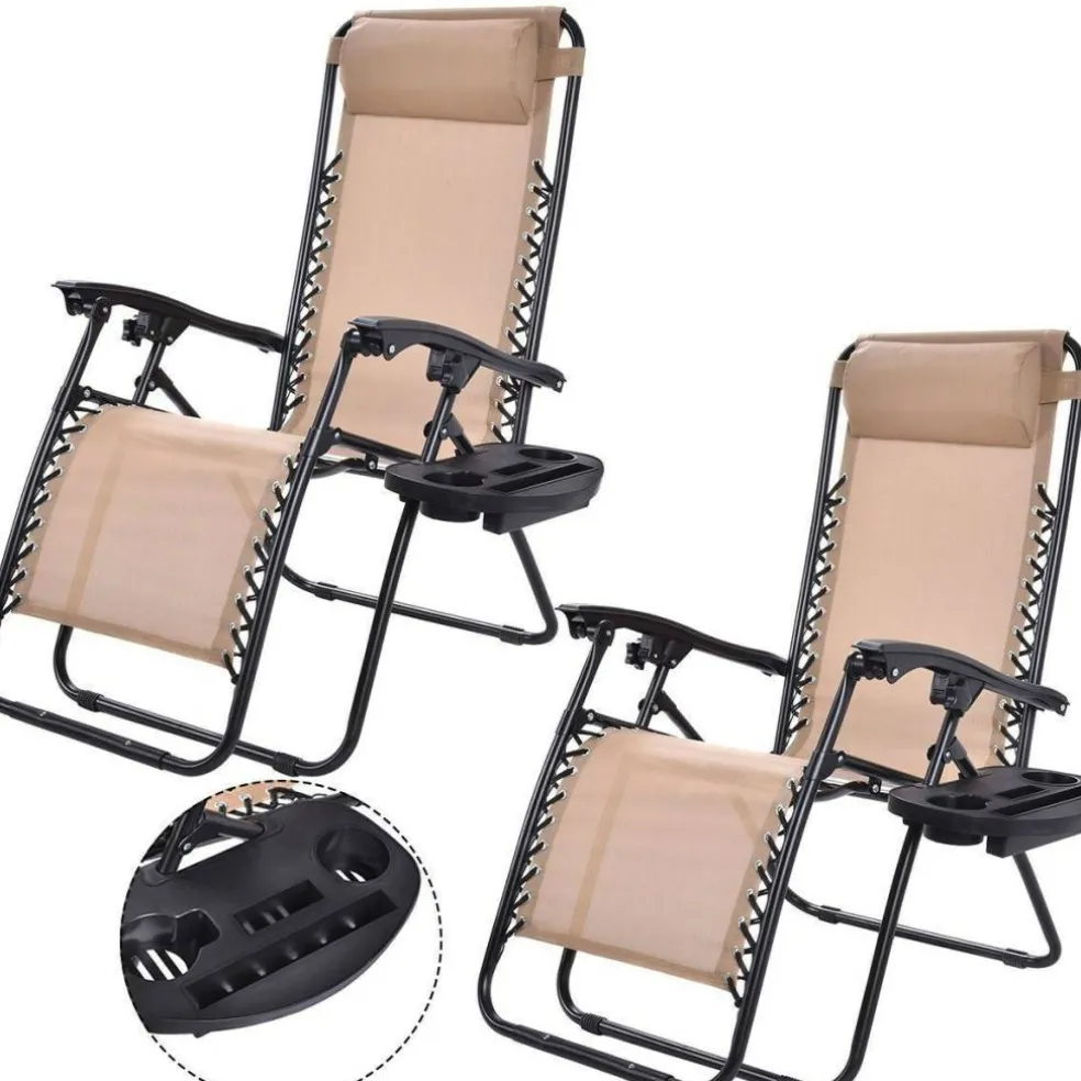Set of 2 Folding Zero Gravity Recliner Chairs with Cup Holder Tray and Headrest for Patio or Lawn