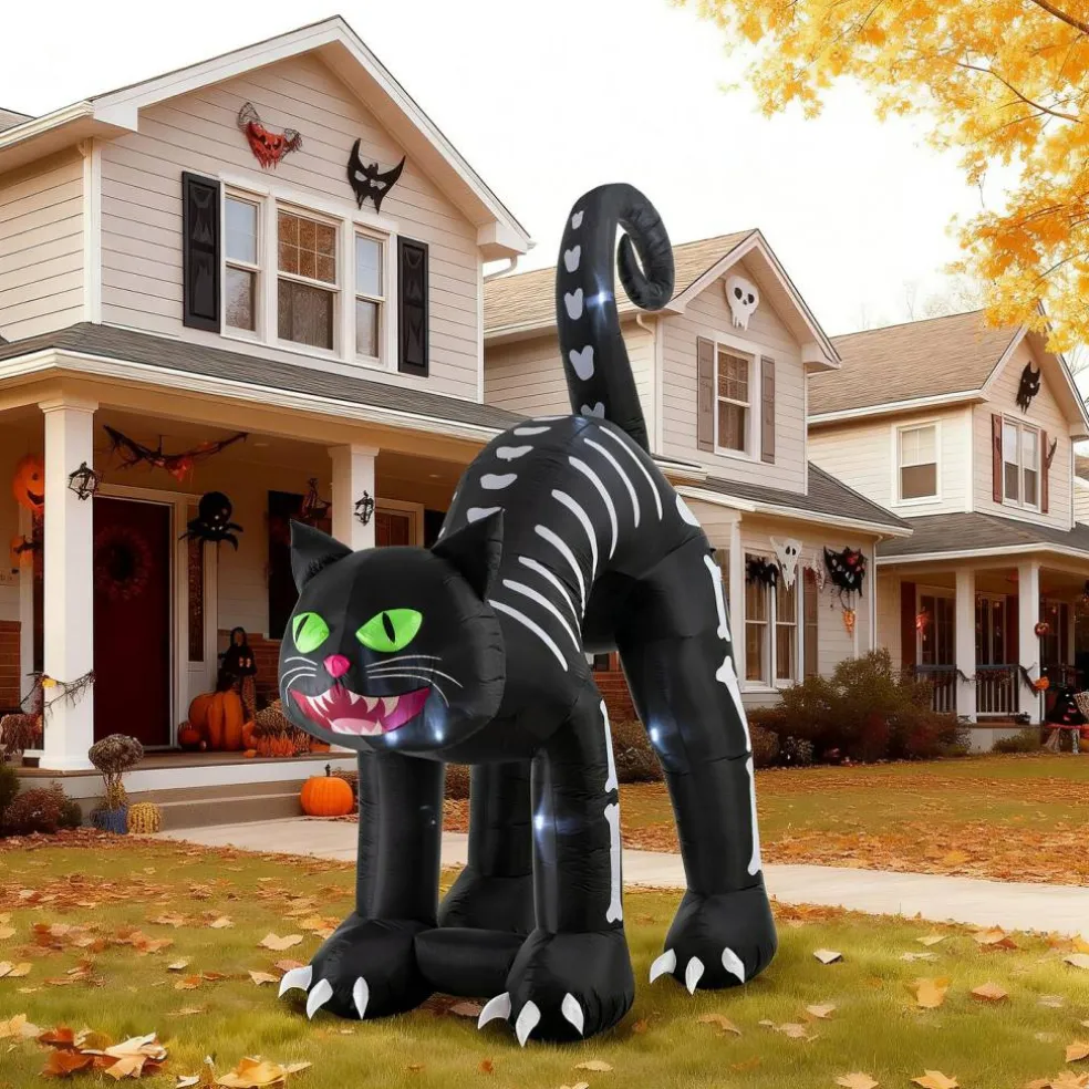 Set of 2 11FT Lighted Inflatable skeleton cat Decor