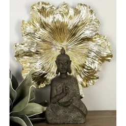 Set of 3 Gold Polystone Eclectic Floral Wall Decor, 17", 19", 26"