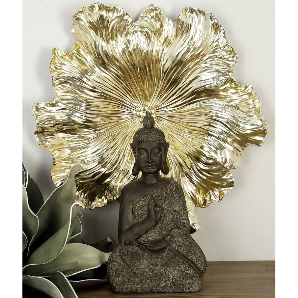 Set of 3 Gold Polystone Eclectic Floral Wall Decor, 17", 19", 26"