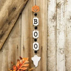 Set of 3 Halloween Wooden BOO Garland with Pumpkin Ghost Cutouts Black Pompom String Banner for Seasonal Home Decoration