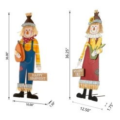 Set of 2 36"H Boy & Girl Fall Metal Scarecrow Yard Stake/Standing/Hanging Sign (KD, Three Function)