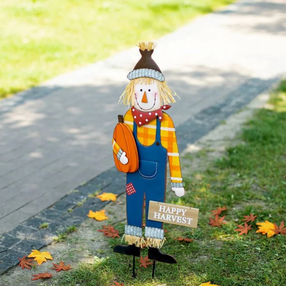 Set of 2 36"H Boy & Girl Fall Metal Scarecrow Yard Stake/Standing/Hanging Sign (KD, Three Function)