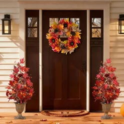 Set of 2 36"H Fall Lighted Burgundy Maple Leaves Urn Potted Porch Tree with Timer, 20 Warm White Lights