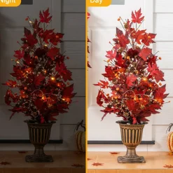 Set of 2 36"H Fall Lighted Burgundy Maple Leaves Urn Potted Porch Tree with Timer, 20 Warm White Lights