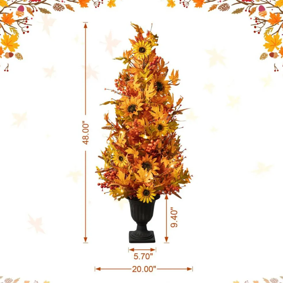Set of 2 48"H Fall Lighted Maple Leaf and Sunflower Urn Porch Tree with Timer