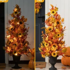 Set of 2 48"H Fall Lighted Maple Leaf and Sunflower Urn Porch Tree with Timer