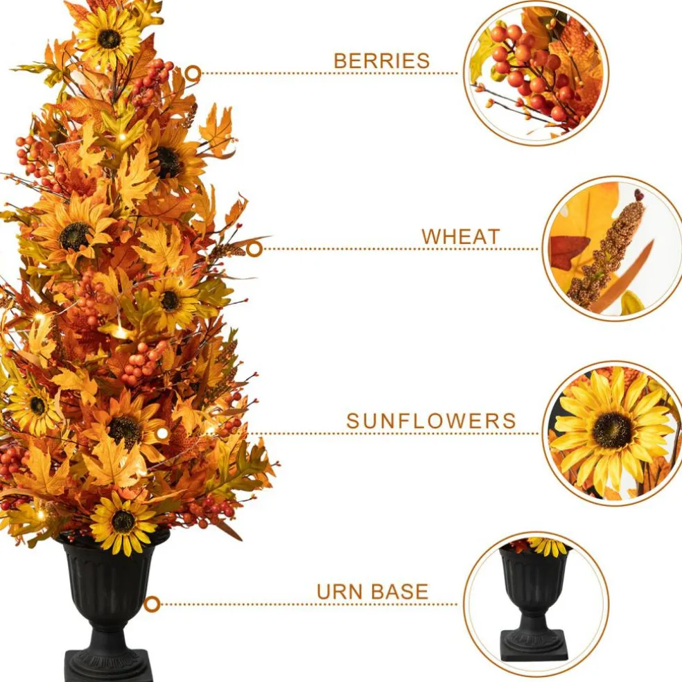 Set of 2 48"H Fall Lighted Maple Leaf and Sunflower Urn Porch Tree with Timer