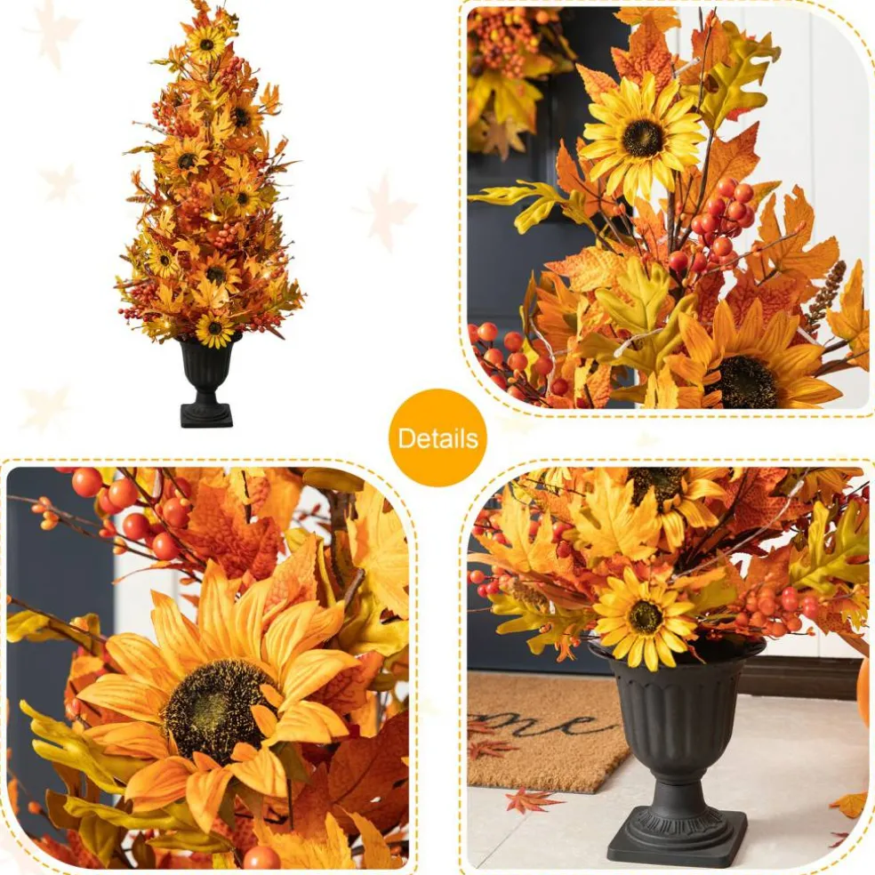 Set of 2 48"H Fall Lighted Maple Leaf and Sunflower Urn Porch Tree with Timer