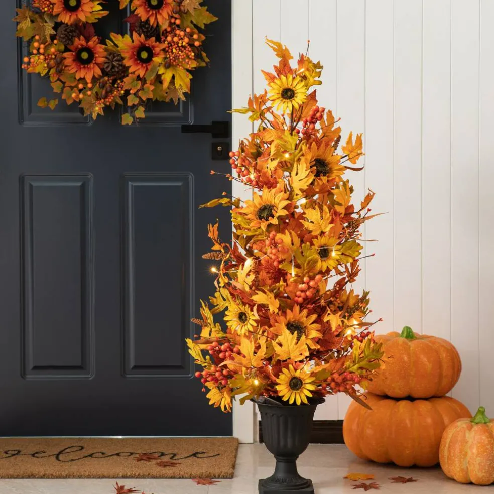 Set of 2 48"H Fall Lighted Maple Leaf and Sunflower Urn Porch Tree with Timer