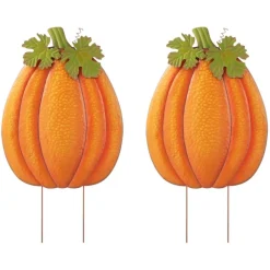 Set of 2 37.75"H Fall Metal Embossed Glitter Pumpkin Yard Stake