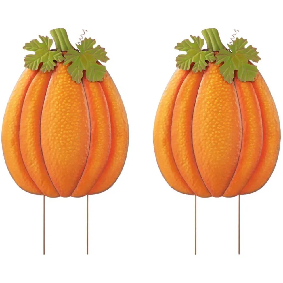 Set of 2 37.75"H Fall Metal Embossed Glitter Pumpkin Yard Stake