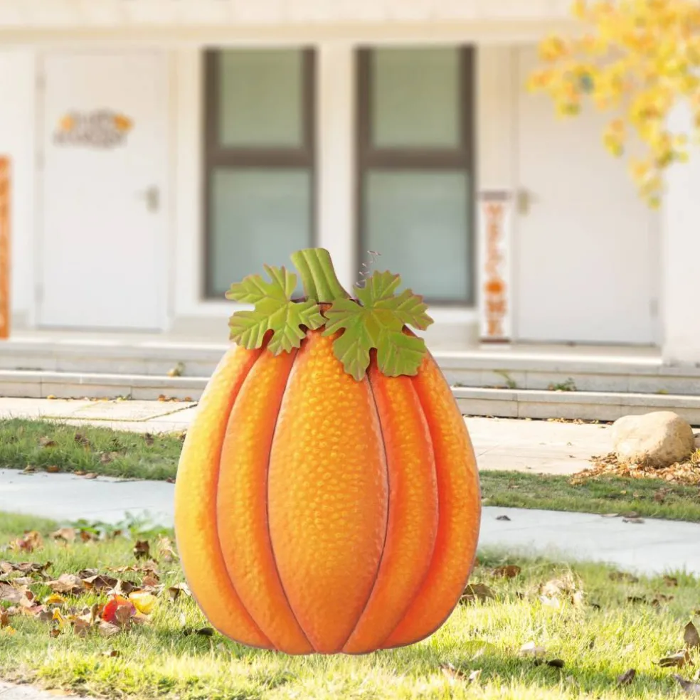 Set of 2 37.75"H Fall Metal Embossed Glitter Pumpkin Yard Stake
