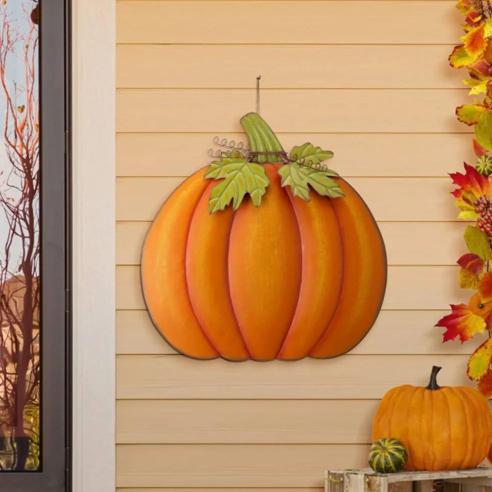 Set of 2 37.5"H Fall Oversized Metal Pumpkin Yard Stake or Wall Décor or Standing Decor