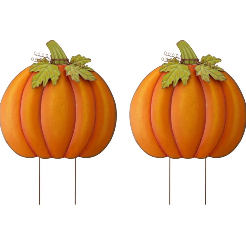 Set of 2 37.5"H Fall Oversized Metal Pumpkin Yard Stake or Wall Décor or Standing Decor