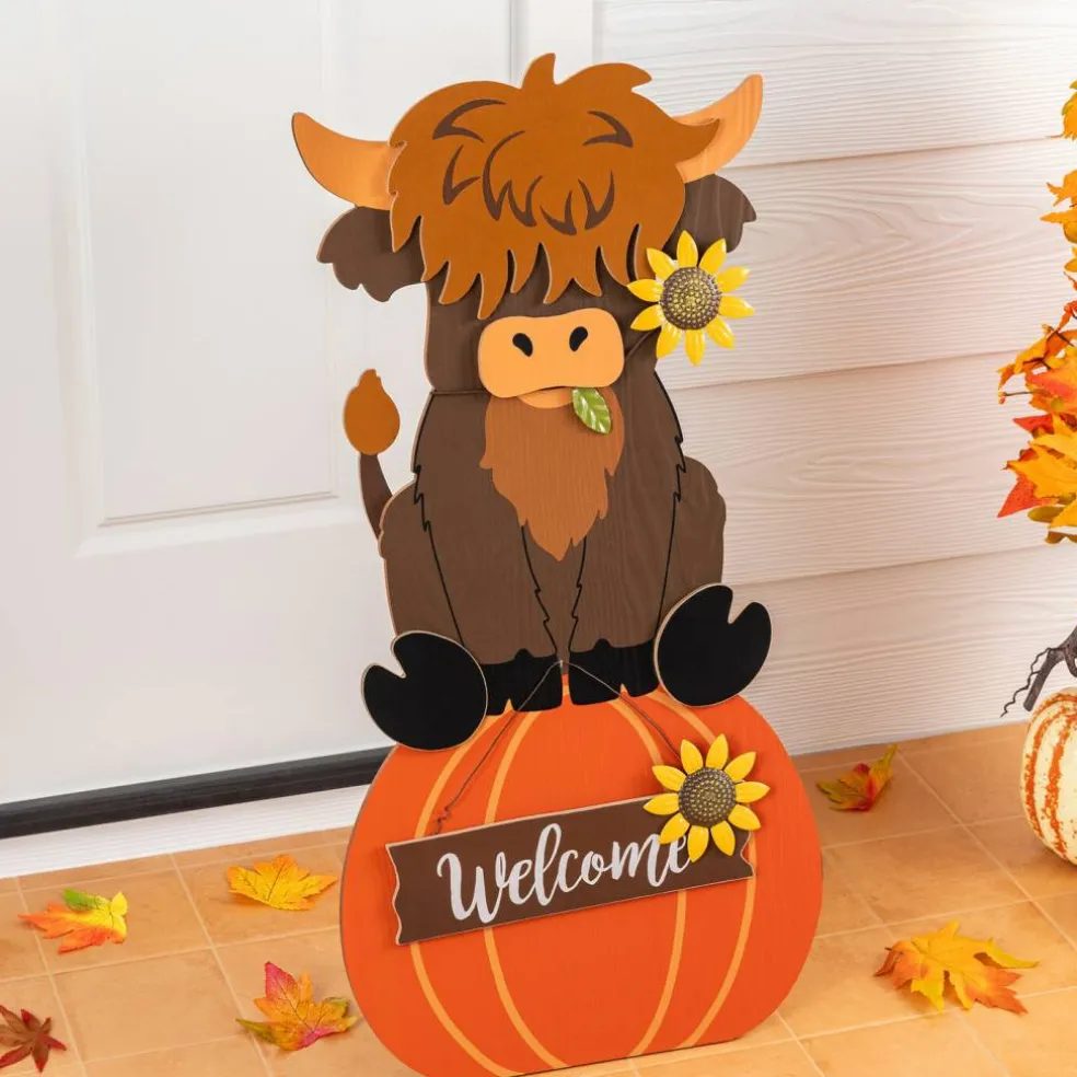 Set of 2 30"H Fall Wood Highland Cow Porch Decor