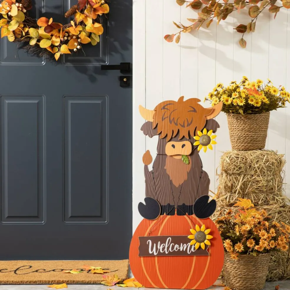 Set of 2 30"H Fall Wood Highland Cow Porch Decor