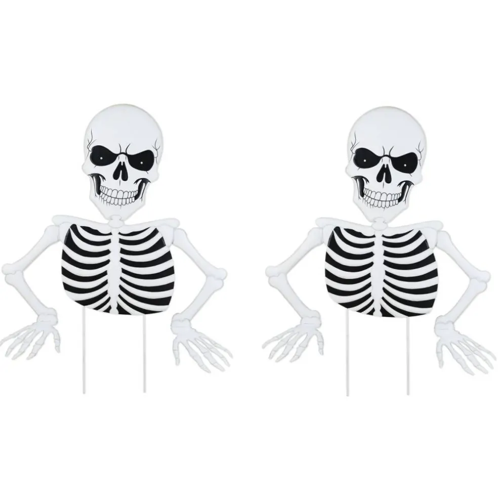 Set of 2 35.75"H Halloween Lighted Metal Ground Breaking Skeleton Yard Stake w/Timer