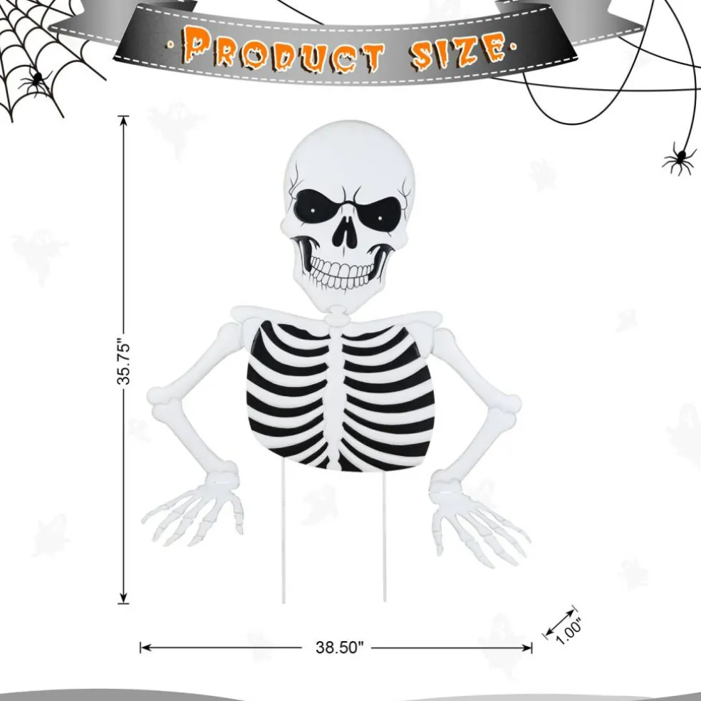 Set of 2 35.75"H Halloween Lighted Metal Ground Breaking Skeleton Yard Stake w/Timer
