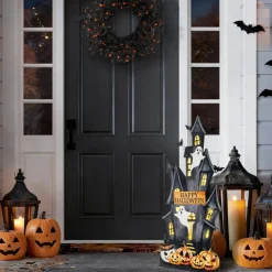 Set of 2 30"H Halloween Lighted Wooden Haunted House Porch Decor w/Timer