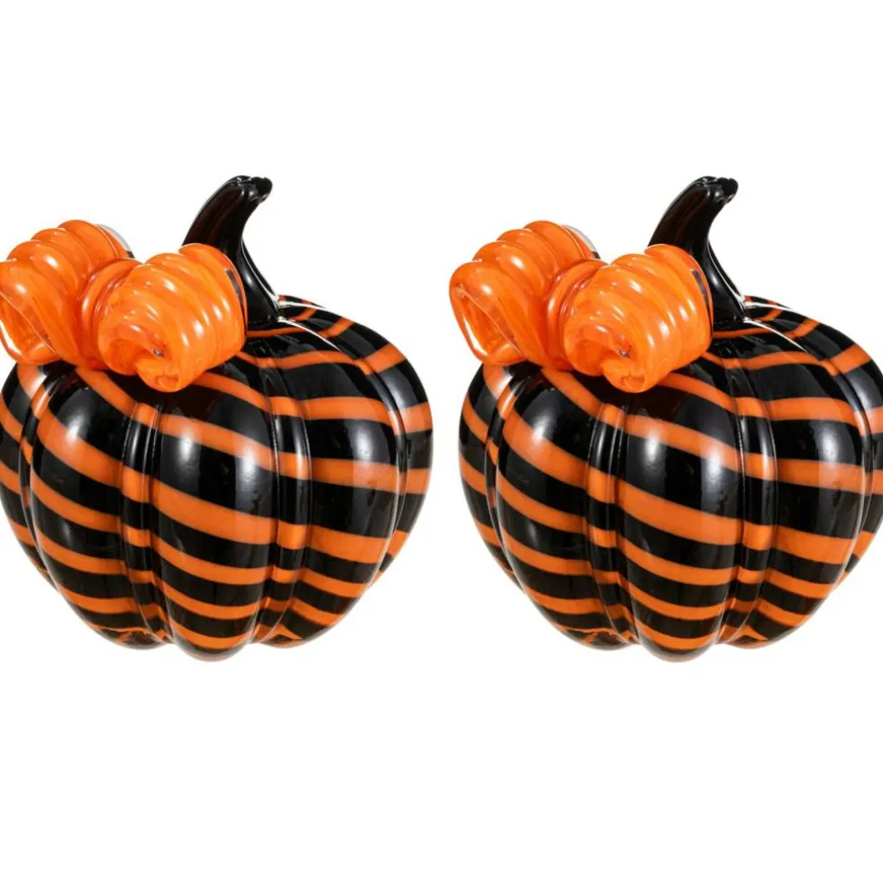 Set of 2 4.75"H Halloween Striped Glass Pumpkin with Bow