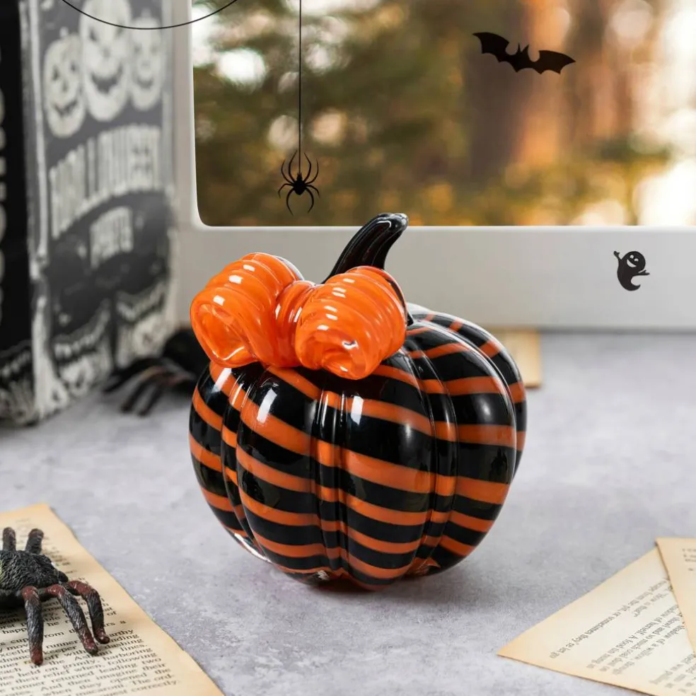 Set of 2 4.75"H Halloween Striped Glass Pumpkin with Bow