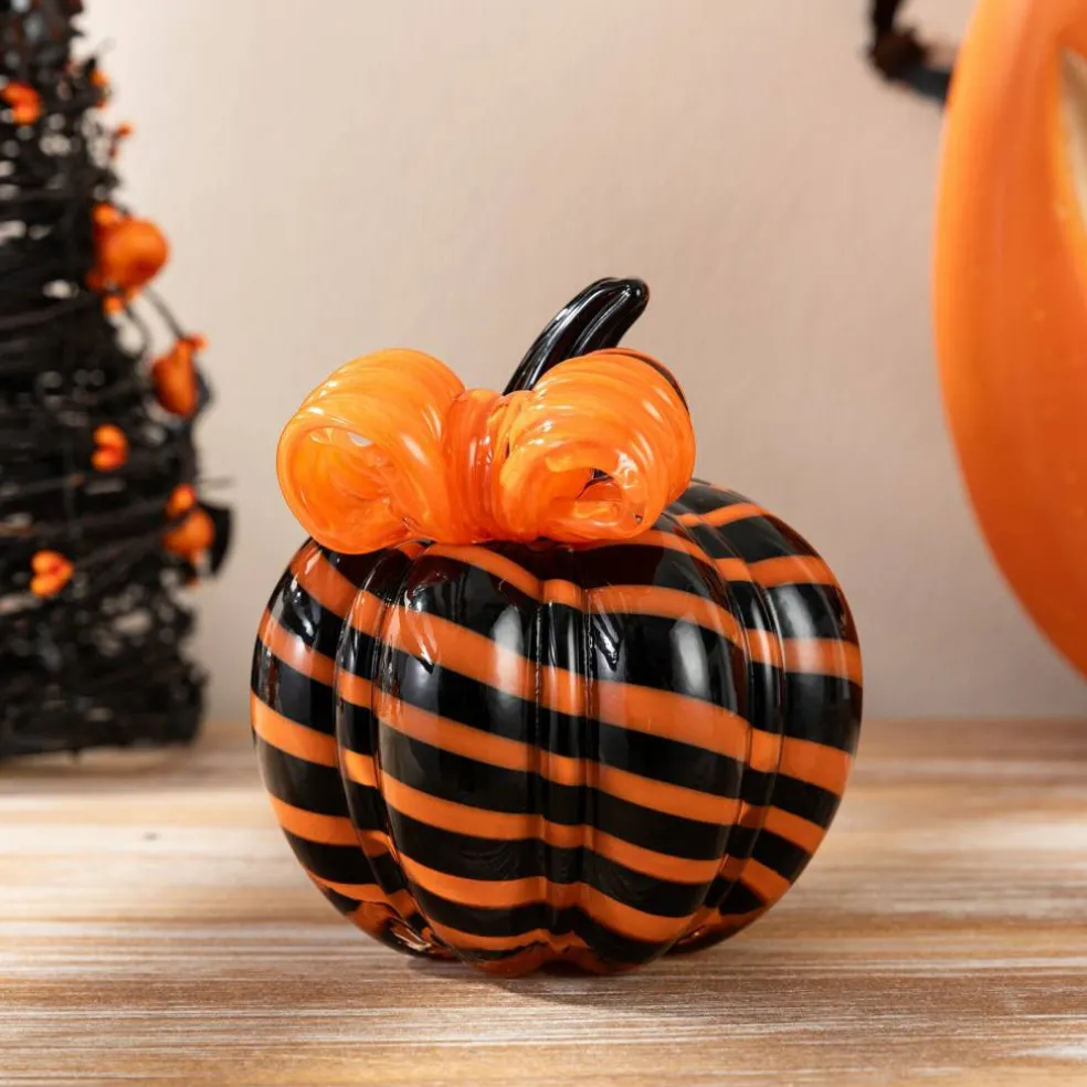 Set of 2 4.75"H Halloween Striped Glass Pumpkin with Bow