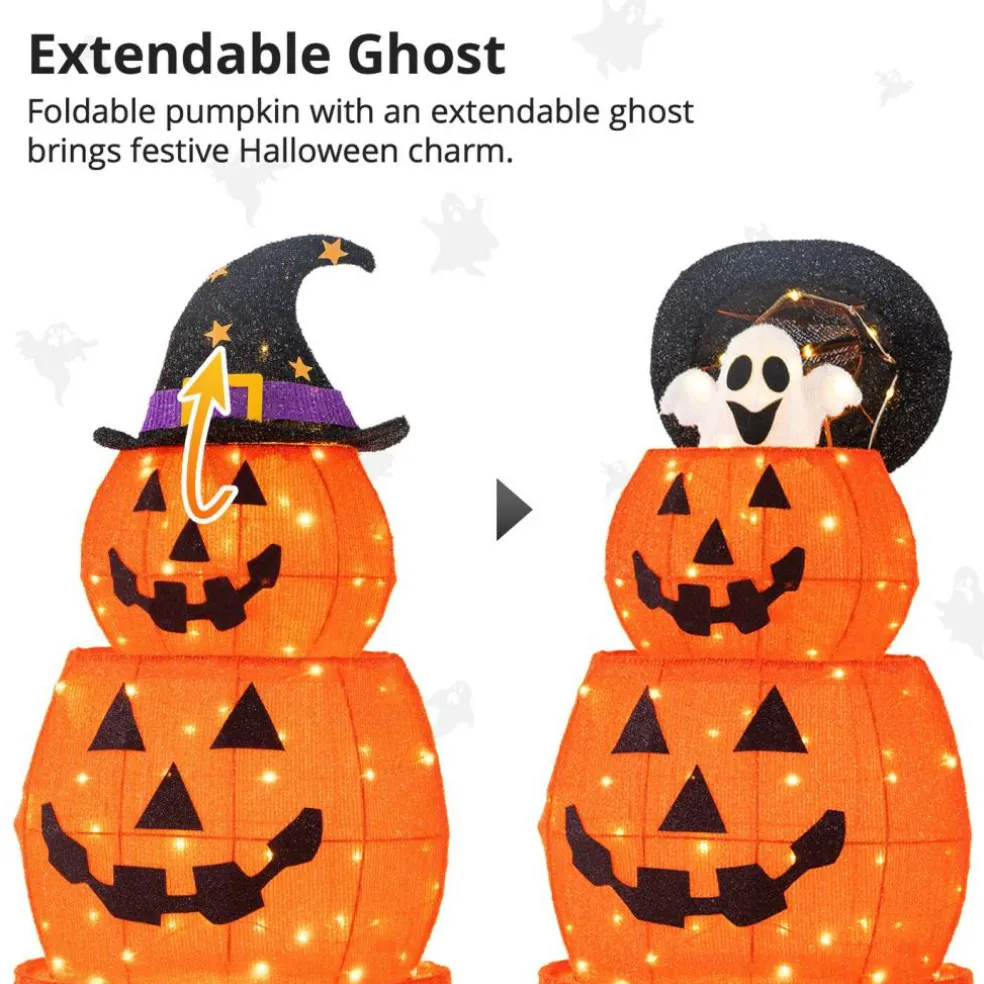 Set of 2 48"H Lighted Halloween 3D ExtendableFabric Jack-O-Lantern Outdoor Décor 120 Warm White LED Lights