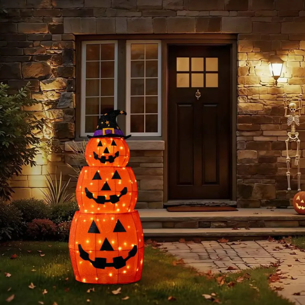 Set of 2 48"H Lighted Halloween 3D ExtendableFabric Jack-O-Lantern Outdoor Décor 120 Warm White LED Lights