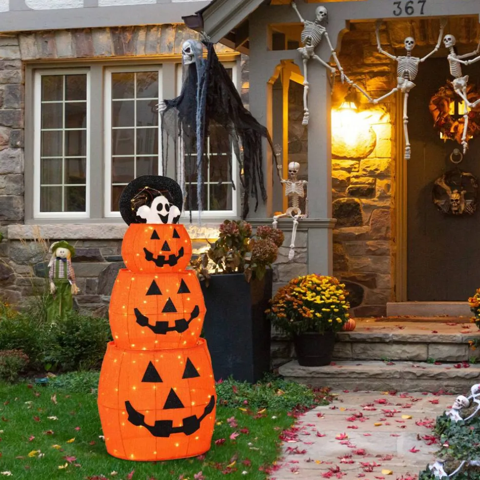 Set of 2 48"H Lighted Halloween 3D ExtendableFabric Jack-O-Lantern Outdoor Décor 120 Warm White LED Lights