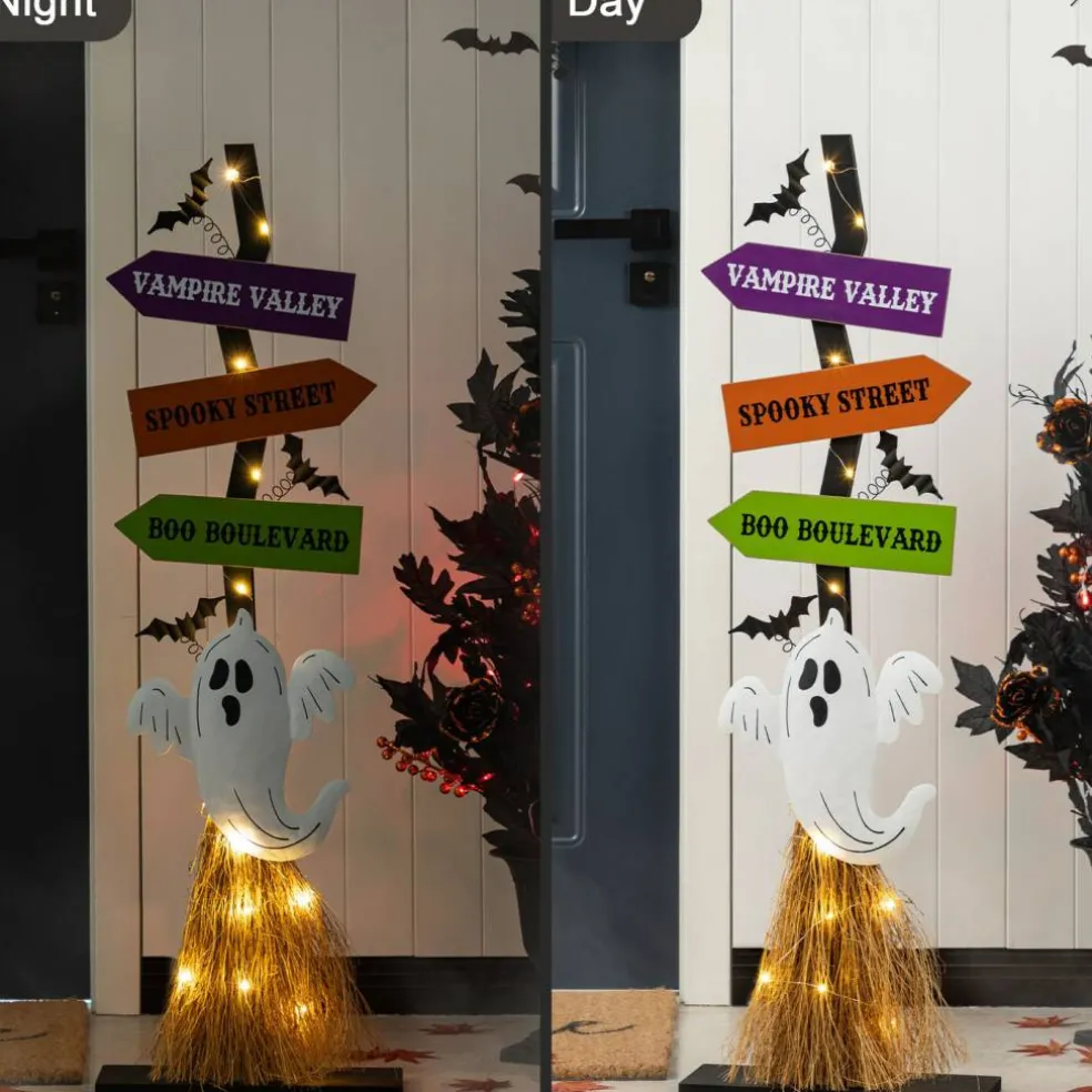 Set of 2 41.75"H Lighted Wooden Ghost's Broom Porch Decor w/Timer
