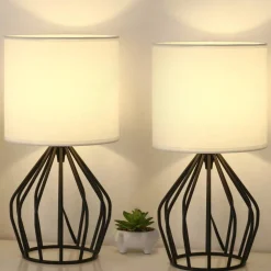 Set of 2 Industrial Open Cage Table Lamps, 14.6" Modern Bedside Lamps with White Fabric Shade
