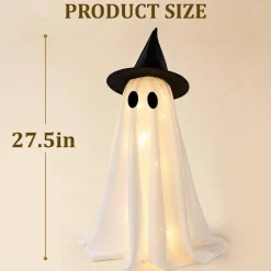 Set of 2 Light Up Halloween Ghost Decorations with Witch Hats, 27.5 Inch LED Ghost Table Centerpiece, Spooky Fabric Ghost Figurines for Mantel, Dining Table, Shelf, Party, Indoor Home Halloween Decor