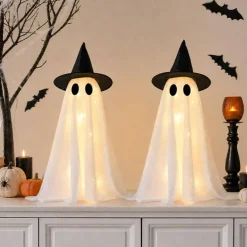 Set of 2 Light Up Halloween Ghost Decorations with Witch Hats, 27.5 Inch LED Ghost Table Centerpiece, Spooky Fabric Ghost Figurines for Mantel, Dining Table, Shelf, Party, Indoor Home Halloween Decor