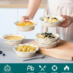 Set of 6 Mini Ceramic Pie Pans – 5.2 Inch Deep Dish Ruffled Edge Baking Plates, Oven & Microwave Safe Individual Pie Dishes for Baking, Serving & Dessert, Cream Color