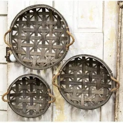 Set of 3 Natural Round Tobacco Baskets with Jute Handles Wall Hanging Decor