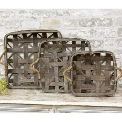 Set of 3 Natural Square Tobacco Baskets with Jute Handles Farmhouse Wall Decor