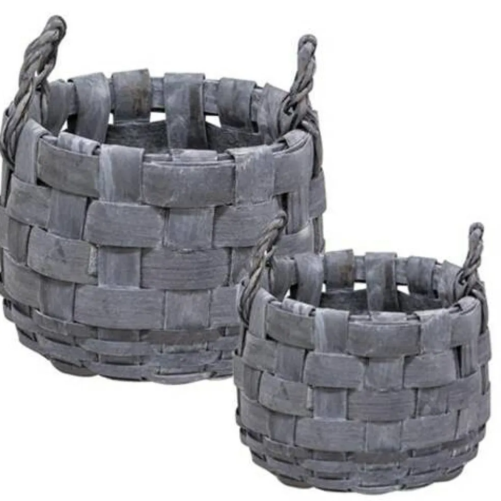 Set of 2 Natural Woven with Rope Handles Grey wash Storage Plant Baskets