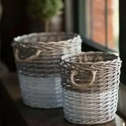 Set of 2 Round Willow Storage Baskets White Dipped Large Small Nesting Bins