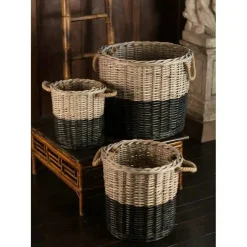 Set of 3 Round Willow Storage Baskets Black Dipped Rope Handles Large Medium Small