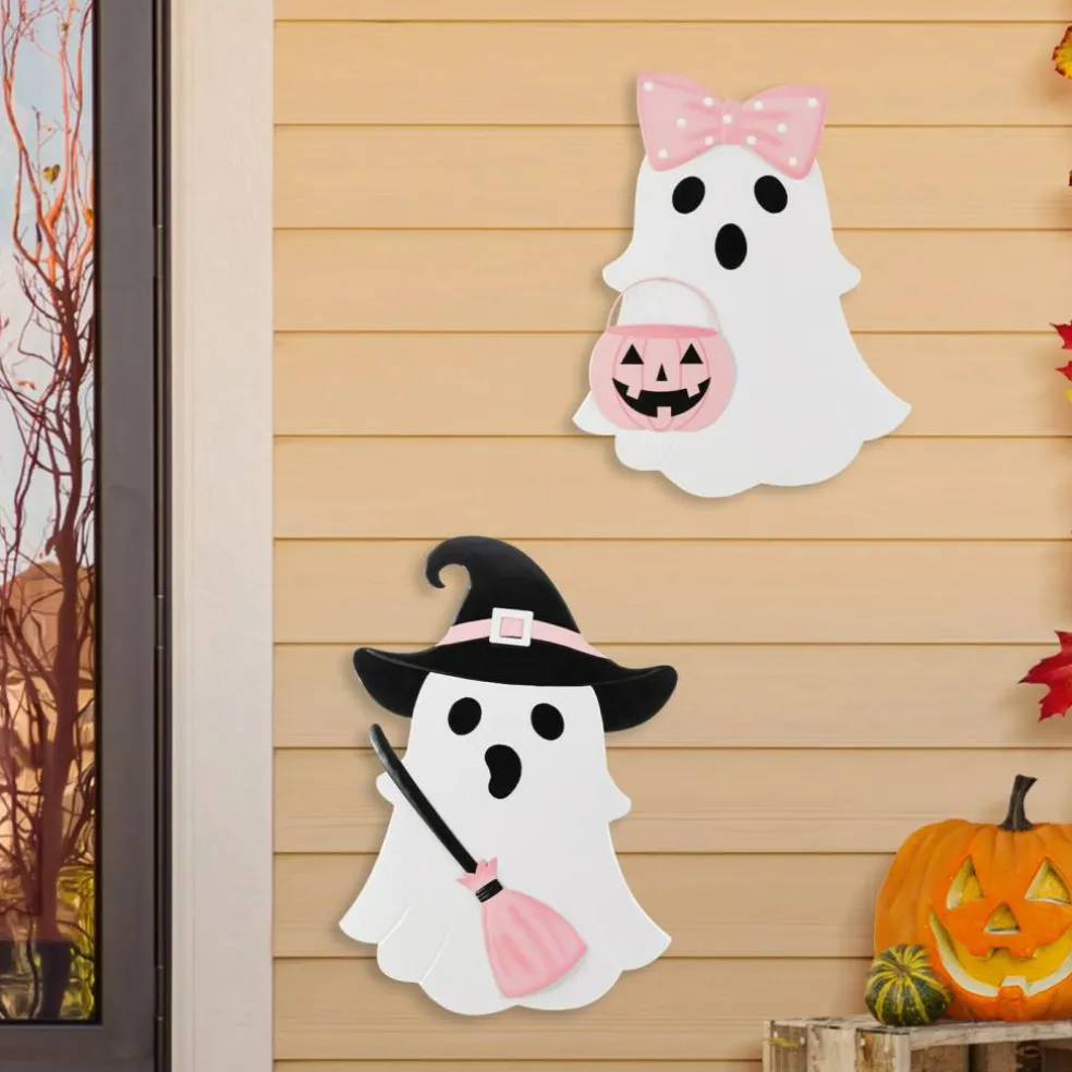 Set of 2 S/2 28"H Halloween Metal Ghosts Yard Stake