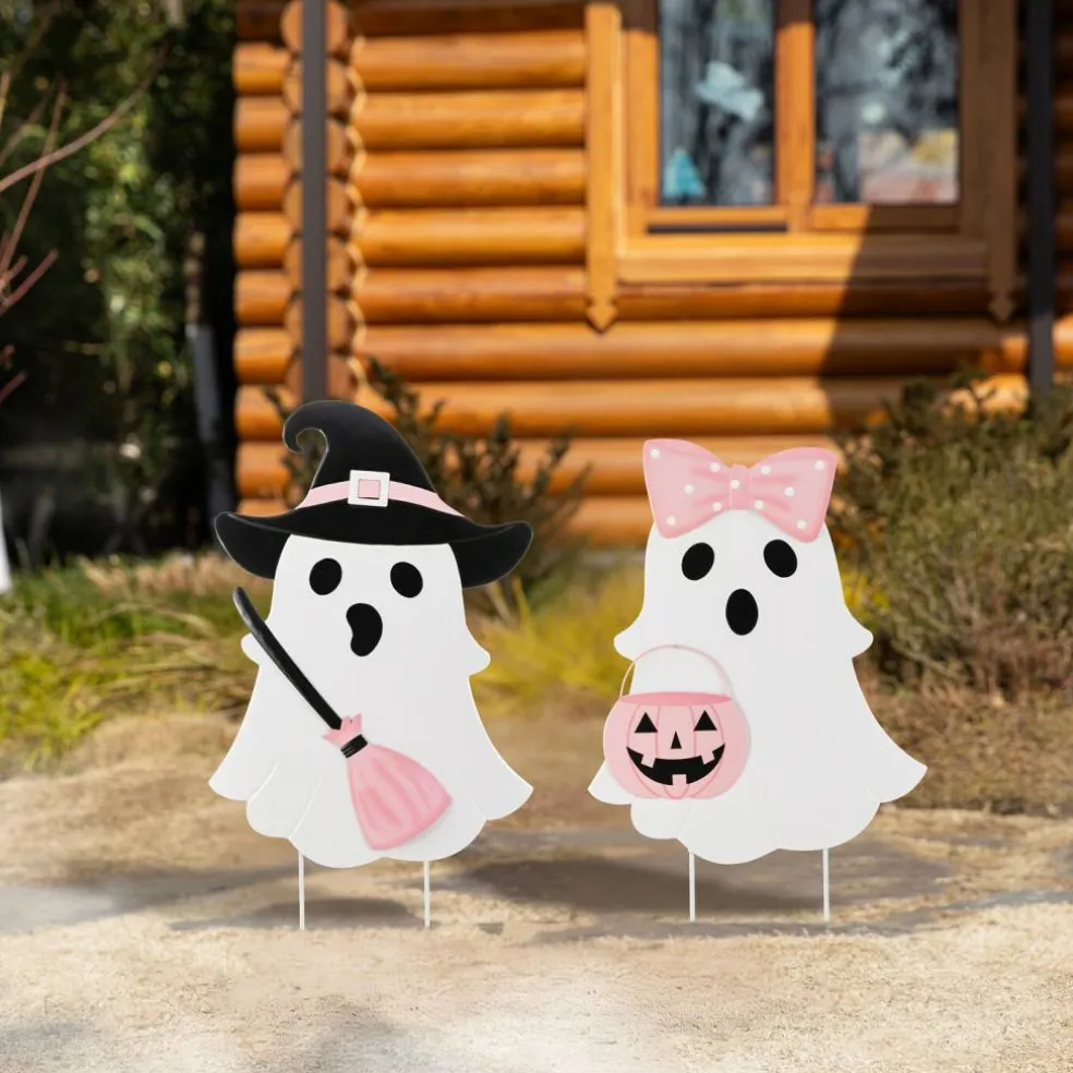 Set of 2 S/2 28"H Halloween Metal Ghosts Yard Stake