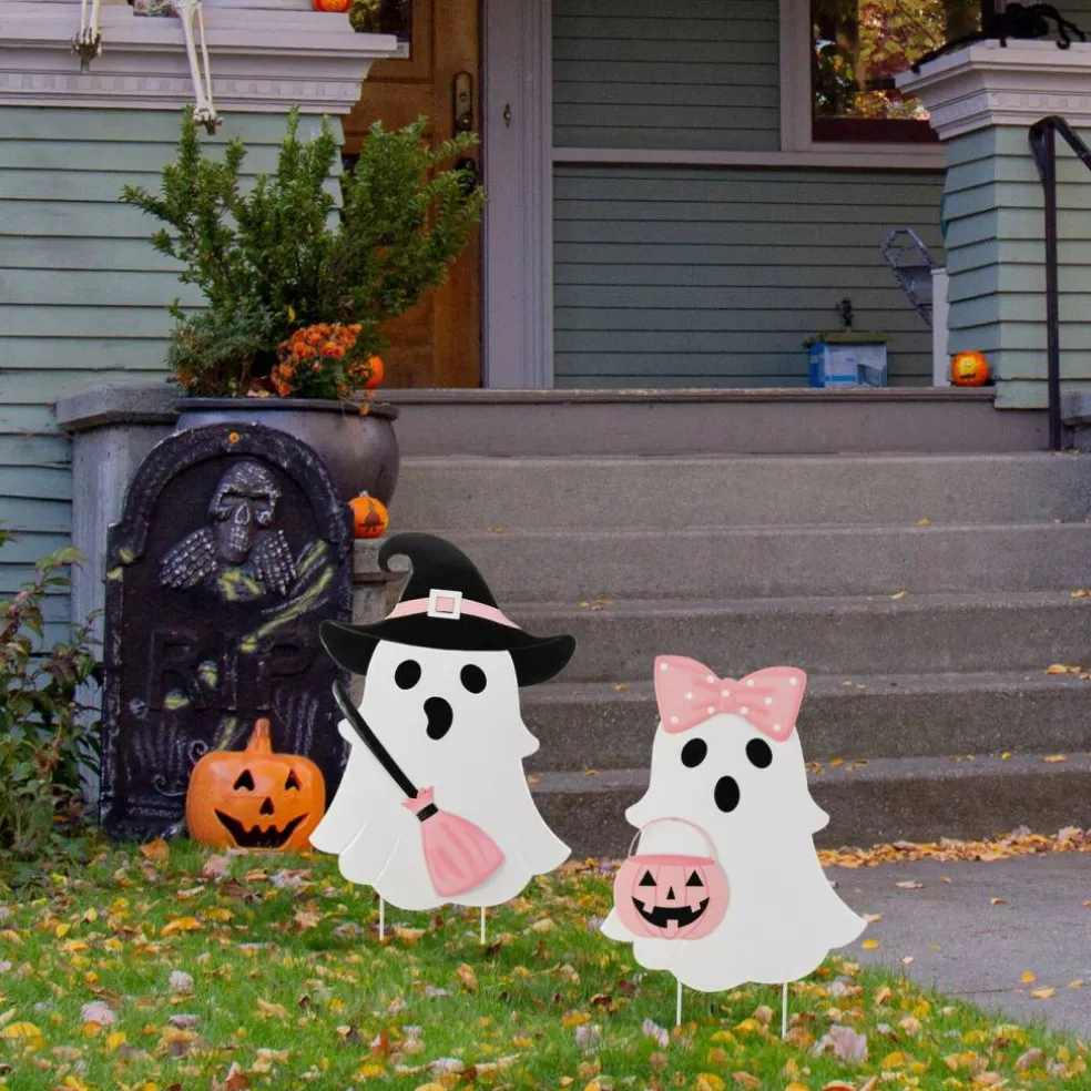Set of 2 S/2 28"H Halloween Metal Ghosts Yard Stake
