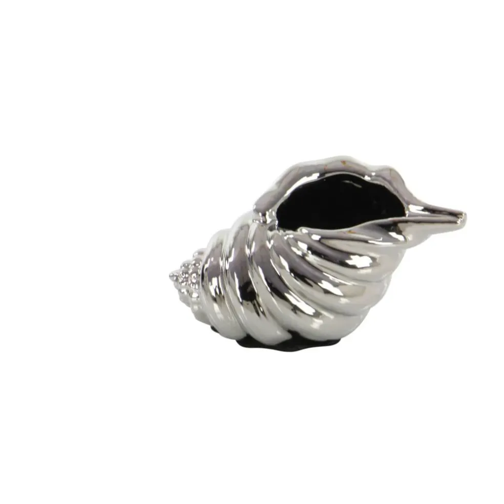 Set of 3 Silver Ceramic Coastal Shell Sculpture, 8", 7", 6"