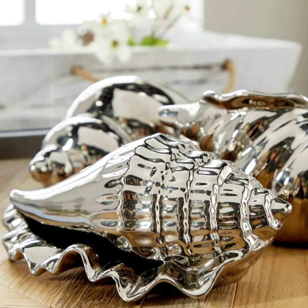 Set of 3 Silver Ceramic Coastal Shell Sculpture, 8", 7", 6"