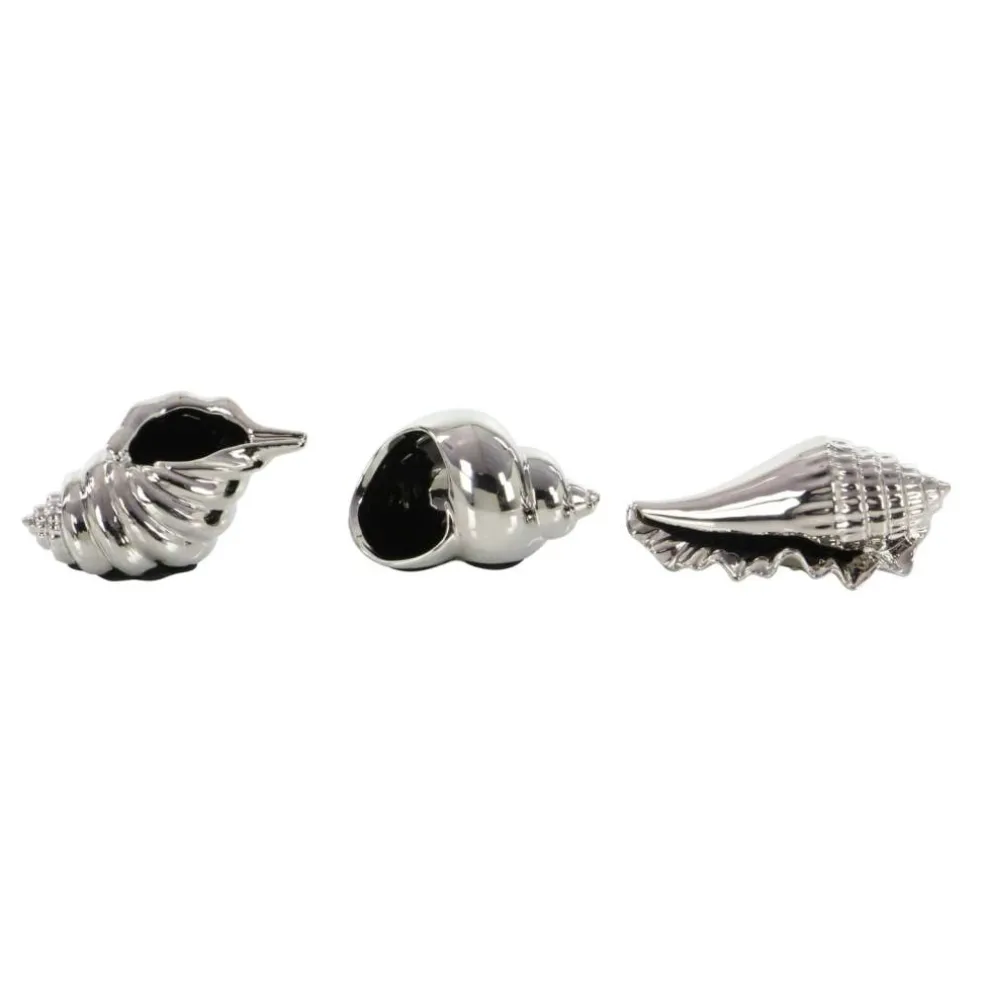 Set of 3 Silver Ceramic Coastal Shell Sculpture, 8", 7", 6"