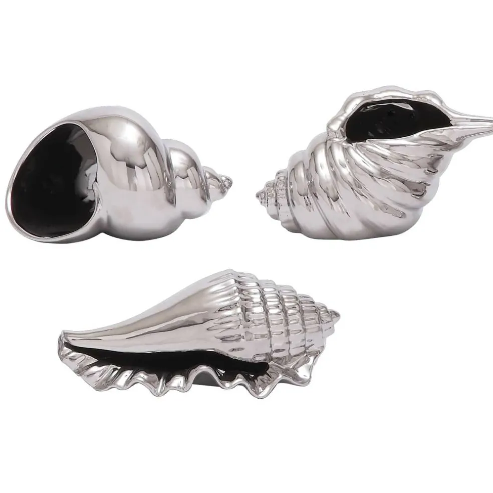 Set of 3 Silver Ceramic Coastal Shell Sculpture, 8", 7", 6"