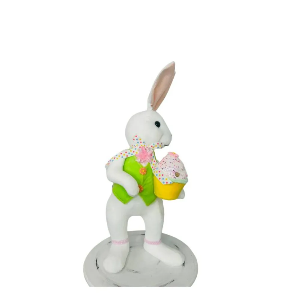 15.25" Set of 2 Styrofoam Standing Bunnies with Cupcake - White and Pastel Spring Decorations- Easter Home Decor (MT26006)