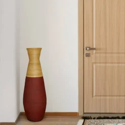 Set of 2 31.5" Tall Handcrafted Bamboo Floor Vase, Burgundy and Natural Finish, Decorative Accent, Large Floor Vase, Sustainable Bamboo, Living Room, Dining Room, Entryway Decor, Unique Home Accent